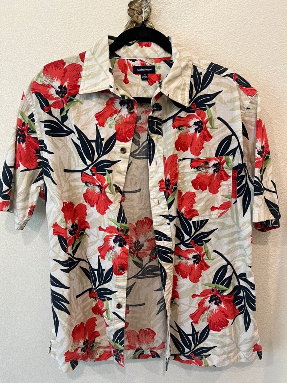 croft & barrow Red Floral Button-Down Shirt with Navy Leaves on Cream